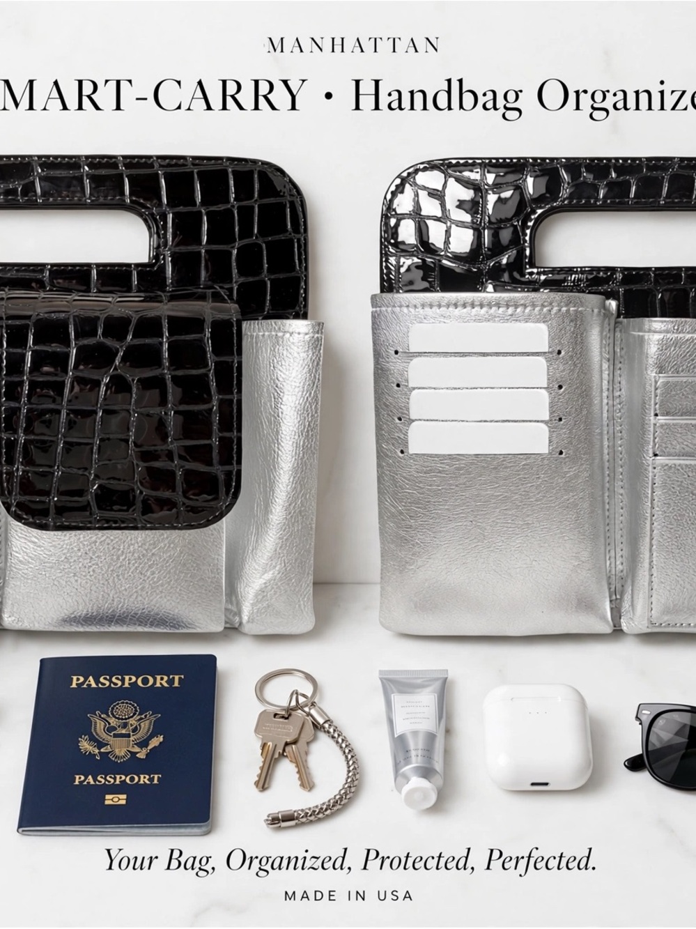 Smart-Carry Handbag Organizer – Silver with Black Croc Trim